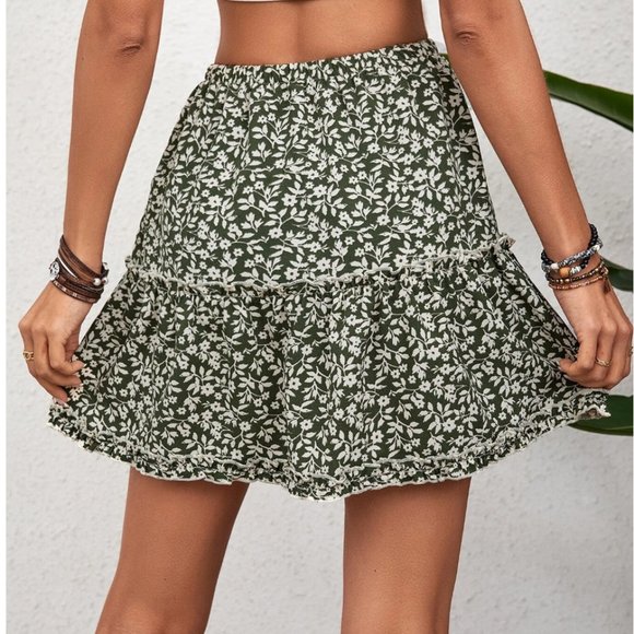 Olive Boho Floral Print Ruffle Hem Skirt - Picture 2 of 6